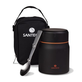 SANTECO Stainless Steel Thermal Soup Jar, Vacuum Insulated, 16.9 fl oz (500 ml), Wide Mouth, Insulated Lunch Box, Spoon Included, Bag Included, Easy Care, Black