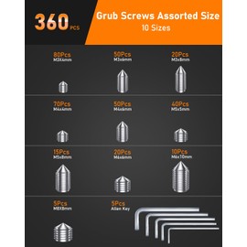 HOLMOL 360PCS Grub Screws Assorted Set for Door Handles with M3/M4/M5/M6/M8 Allen Keys, 304 Stainless Steel Grub Screw with Cone Point & Hex Head, Assorted Door Handle Screws for Repairs