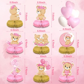 8Pcs Pink Teddy Bear Themed Honeycomb Centerpieces 3D Table Toppers, Double Sided Printed We Can Barely Wait Table Centerpieces Decorations for Kids Birthday Party and Baby Shower Party Decor Favors