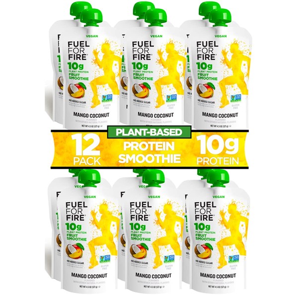 Fuel for Fire VEGAN Protein Smoothie Squeeze Pouch - Mango Coconut (12-Pack) | Healthy Snack & Recovery | No Sugar Added, Dietitian Approved | Plant Based Functional Fruit Smoothies (4.5oz pouches)