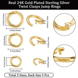 Beebeecraft 9Pcs 6/8/10mm Lock Jump Rings 24K Gold Plated 925 Sterling Silver Round Crimp Jump Rings with Storage Box for Jewelry Making Findings