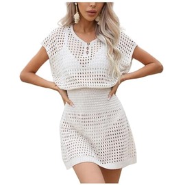 Jinsha Knitted Bikini Cover Up Beach Poncho Beach Dress for Women Summer Pareos, S-white