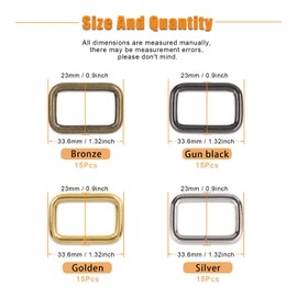 Rustark 60 Pcs 1 inch/25mm Metal Rectangle Ring Assorted 4 Color Strong Bag Purse Snap Hook Loop Webbing Belts Buckle for Belt Bags DIY Accessories Macrame(Silver, Gold, Bronze, Gun Black)