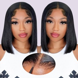 Eool Echthaar Perücke 9X6 Straight Bob Human Hair Wig 200% Dichte Wea And Go Glueless Human Hair Wigs Pre Plucked Pre Cut Brasilianer Lace Front Wig for Black Women 14Inch(36cm)