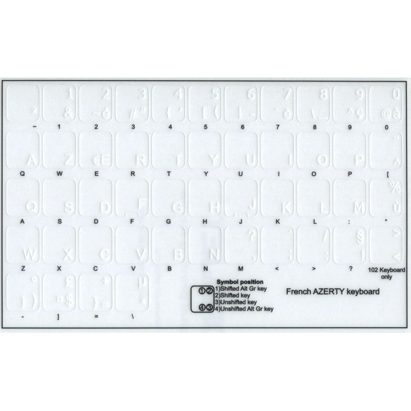 French AZERTY Keyboard Stickers with White Lettering ON Transparent Background