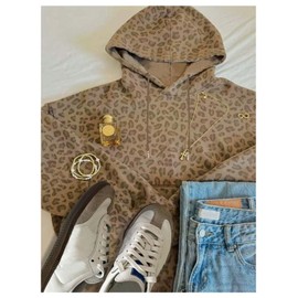 Floerns Women's Leopard Print Hooded Sweatshirts Y2k Cheetah Drawstring Pullover Tops Coffee Brown Large