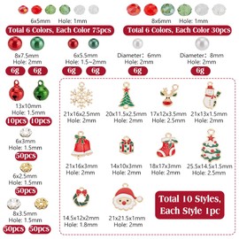 PH PandaHall 1070pcs Christmas Beads Glass Enamel Pendants Reindeer Wreath Charms Snowman Jingle Bell Charms Christmas Trees Snowflake Charm Rhinestone Spacer Beads for Jewelry Making Crafts