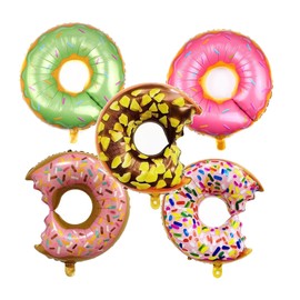 5PCS Donut Foil Balloons Sweet Candy Multicolor Donut Shaped Aluminum Foil Mylar Balloons for Donut Theme Birthday Decoration Baby Shower Wedding