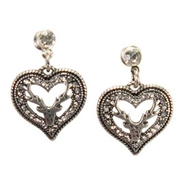 Alpenflüstern DOR048 Costume Stud Earrings Rhinestone Heart Deer Hanging Women's Costume Jewellery (Antique Silver-Colour), Zinc