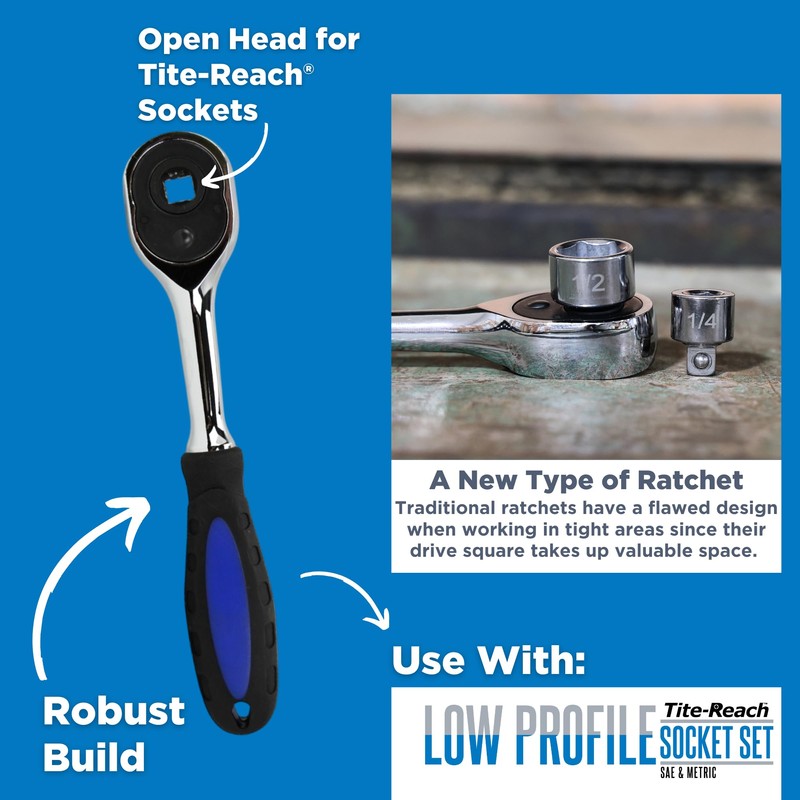 TITE-REACH Original 1/4” Drive Low Profile Ratchet, Designed Low-Profile Magnetic