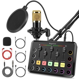 Wegrower Rechargeable Audio Mixer for Gaming & Podcasting - 48V Phantom Power, Dual Mic Inputs, RGB Lighting, 1-Click Noise Cancel, Voice Changer, Plug & Play (W-11GD)