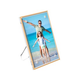 Hexsonhoma Acrylic 3.5x5 Picture Frame with Gold Edge, Clear Magnetic Tabletop 5x3.5 Picture Frame, Freestanding Crystal Acrylic Frame for Retail, Store, Museum, Home, Brand Advertiser