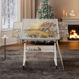 1500 Piece Puzzle Table with Drawers, Jigsaw Puzzle Table with Wheels, 35.4" x 25.98" Adjustable Puzzle Tables for Adults Tilting-Angle Portable Jigsaw Puzzle Board with Legs for Adults,White
