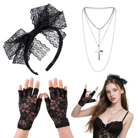 TUONYIS 3pcs 80s Costume Accessories Women's Accessories Lace Headband Fishnet Gloves Necklace Vintage for Retro Party for Women, black