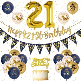 VICTERR 21st Birthday Decorations Men Blue Gold Happy 21st Birthday Banner, 21st Birthday Balloons, Navy Blue Gold Latex Balloons Party Decorations Confetti Balloons for Men 21 Birthday Party Supplies