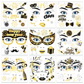 HOWAF 9 Sheets Happy New Year Glitter Face Tattoos, 2025 New Year Party Face Art Temporary Tattoo for2025 NYE Party Celebrations, Black Gold Silver Face Tattoos Stickers for New Year Eve Party Favors