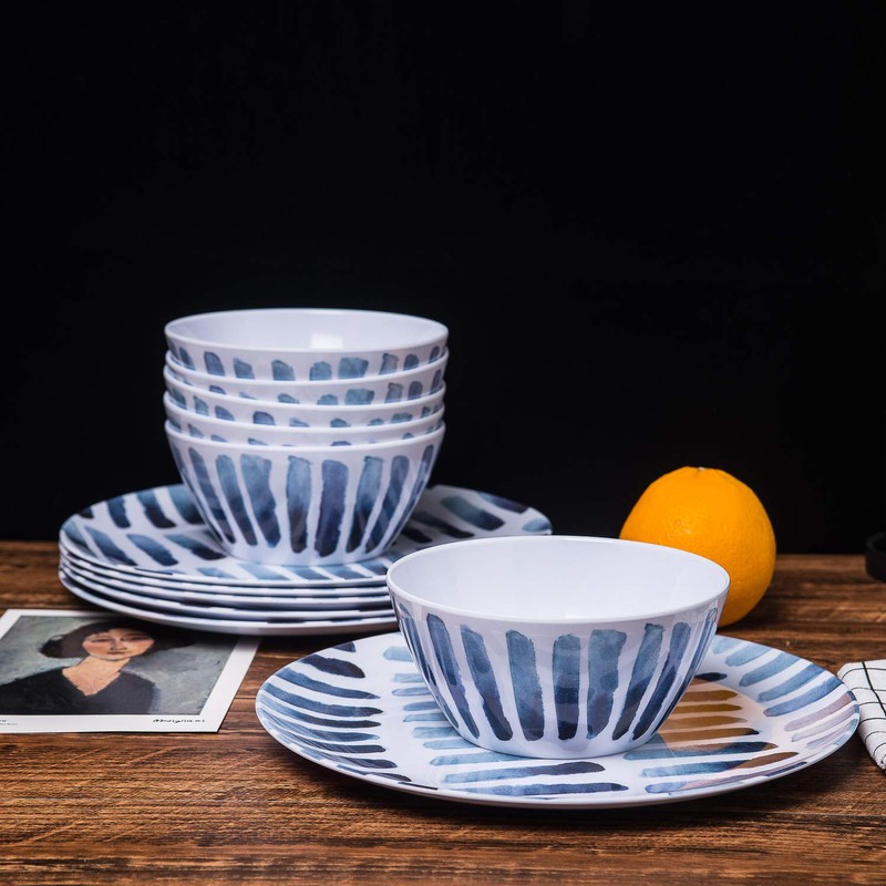 KX-WARE Blue Stripe Melamine Plates, 10.5-inch Dinner Plates set of