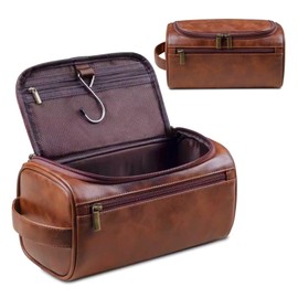 Neceser de Cuero para Hombre, grandes resistentes al agua de Cuero Organizador de Viaje Gancho para Colgar y Múltiples Compartimentos, regalo para hombre para el día de San Valentín (Rojo Marrón)