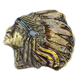 Native American Indian Chief Belt Buckle for Men, Indian Warrior Chief Head Belt Buckle, Indian Tribal Chief Skull Belts Buckle, Western Cowboy Belt Buckles, Vintage Punk Rock belt buckle(Gold)