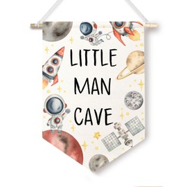 BlissfulAbon Little Man Cave Canvas Banner - Space Themed Kids Playroom Hanging Pennant Flag Prints, Boy Room Wall Art, Space Themed Bedroom Decor, 11 X 15 Inch