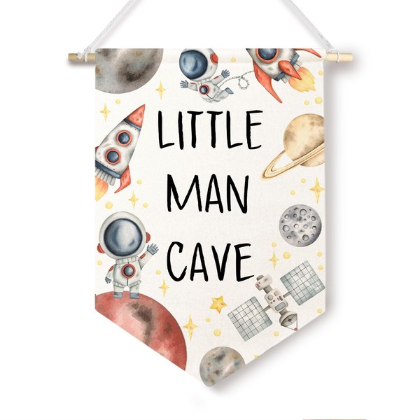 BlissfulAbon Little Man Cave Canvas Banner - Space Themed Kids