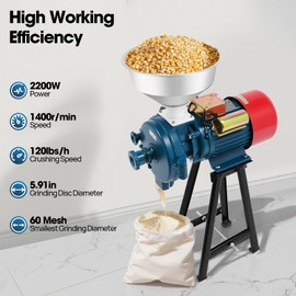 Jiabailie Electric Grain Mill Grinder,2200W Commercial Corn Grinder w/Funnel,Dry Feed Grain Mill Machine,Thickness Adjustable Powder Machine,Feed Flour Cereal Mill Wheat Grinders Ships in 2 packages