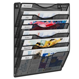 Wall File Organizer, 6 Tier Hanging File Folder Mail Organizer, Vertical Mesh Metal Wall Mount Hanging File Holder, Paper Document Magazine Rack for Home Office Black