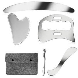 304 Stainless Steel Guasha Muscle Scraper Set, 5 in 1 Gua Sha Massage Kit and Derma Edge Scraping Tools for Physical Therapy- Deep Tissue Massage Scraper Tool for Body and Face Relaxation (Grey)