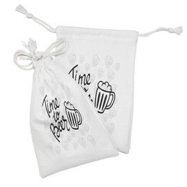 Lunarable Man Cave Fabric Pouch Set of 2, Time To Beer Words Cartoon Style Hand Drawn Mugs Foamy Lager Ale Alcohol, Small Drawstring Bag for Toiletries Masks and Favors, 9" x 6", Grey White Black