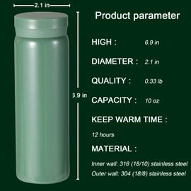 Small Flask, Cute Water Bottle, Vacuum Insulated Flask for Hot & Cold Drink, Keep 12H Hot & 6H Cold (Green, 280ml)