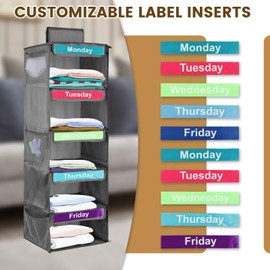 Weekly Clothes Organizer for Kids, 5 Shelf Polyester Hanging Closet Organizer Day of The Week Clothes Organizer, Monday-Friday Kids Daily Clothes Organizer for Hats T-Shirts Bags Towels (Gray)