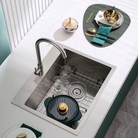 ROVOGO 20x16x9 in. Drop-in Kitchen Sink Single Bowl, 304 Stainless Steel Handmade Modern Sink Top Mount with Bottom Grid and Offset Drain, 1 Hole Sink Brushed