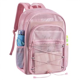 Heavy Duty Mesh Backpacks for Adults, Mesh School Booking Bags for Boys and Girls, See Through Backpack with Adjustable Straps, Mesh Bags for Swimming(Pink)