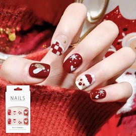 Christmas False Nails, Red Fake Nails Press on Nails with Glue, Father Christmas Heart Burgundy Short Square Acrylic Stick on Nails for Women Nail Art Decoration Accessories (24PCS)