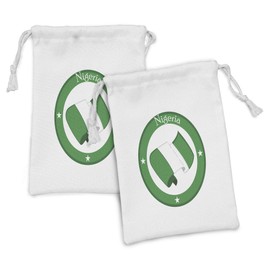 Lunarable Nigerian Fabric Pouch Set of 2, Bicolour Round Emblem Graphic with Country Stars Name and Flag Print, Small Drawstring Bag for Toiletries Masks and Favors, 9" x 6", Green and White