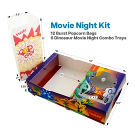 SNAPPY Movie Night Kit 18 Pcs - Burst Design Popcorn Bags (12ct) & Dinosaur Kids Movie Night Snack Trays (6ct) - Home Theater Snack Boxes Family Movie Night