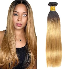 Lakaisa Straight Human Hair Bundles 100% Unprocessed Brazilian Remy Hair 1B27 Blonde Ombre Real Hair Weft Extensions Sew-in Hair 1 Bundle for Woman 14 Inches