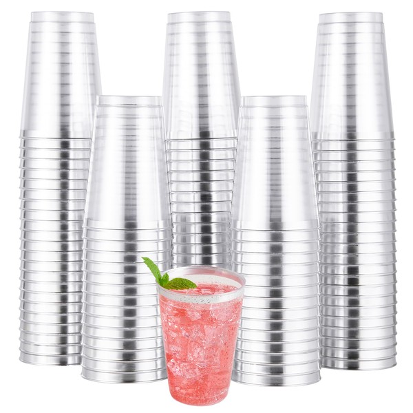 100 Pack Silver Plastic Cups, 12 oz Clear Plastic Cups Tumblers, Elegant Silver Rimmed Plastic Cups, Disposable Cups with Silver Rim Perfect for Wedding, Thanksgiving Day, Christmas Party Cups