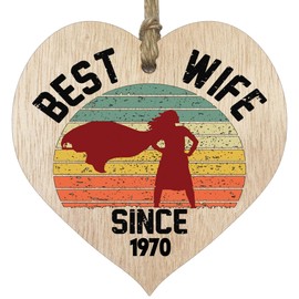 55th Wedding Anniversary Wooden Heart Plaque - Best Wife Since 1970 - Light Wood Sign Keepsake, Celebrate Anniversary Husband Wife Partner, Fifty-Fifth Anniversary Plaque with Quotes Gifts