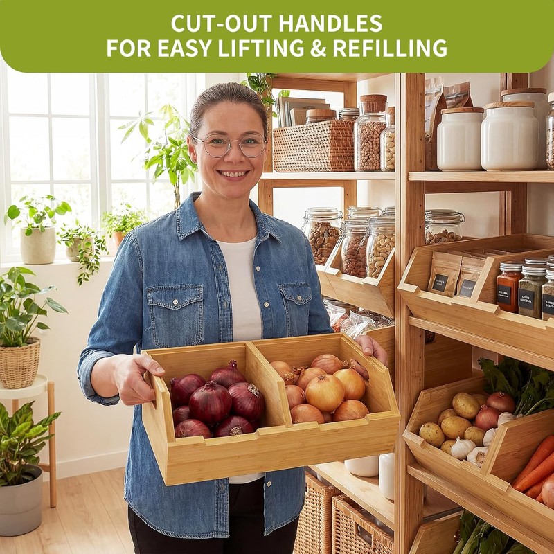 Bamboo Pantry Storage Bins, Stackable Potato and Onion Storage Bin