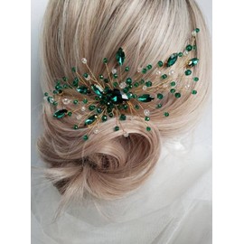 Teyglen Bridal Wedding Hair Comb - Green Rhinestone Crystal Side Hair Comb Flower Headpiece for Women - Bride Hair Accessories for Christmas Party Prom