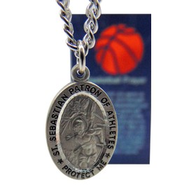 St Sebastian Basketball Medal Set with Pewter Pendant Medallion on a Stainless Steel Chain Prayer Card Boxed