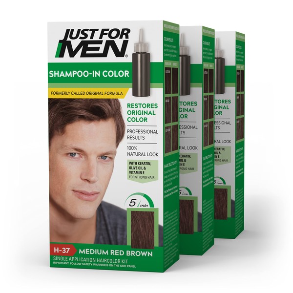 Just For Men Shampoo-In Color (Formerly Original Formula), Mens Hair Color with Keratin and Vitamin E for Stronger Hair - Medium Red Brown, H-37, Pack of 3