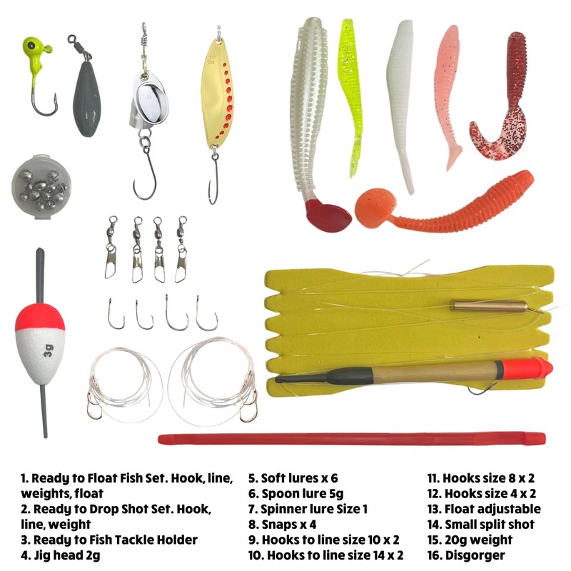 Fish Rig Travel Fishing Tackle Box + Tackle. 30 Essential