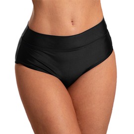 Aquarti Women's Bikini Bottoms High Waist with Turn-Up Waistband Bottom, black, 44