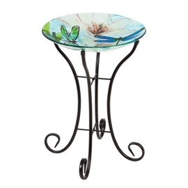 Evergreen Garden Resting Dragonfly Glass Bird Bath with Stand 16" x 16" x 2"