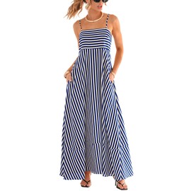 CUPSHE Womens Summer Maxi Dress Casual Sleeveless Square Neck Striped Beach Long Dress with Pockets Blue Striped, L