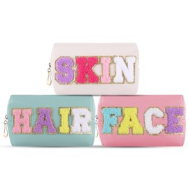 simarro 3Pcs Preppy Makeup Bag, Pink Blue Beige Leather Travel Cosmetic Bag Chenille Letter Patch Skincare Bag With Zipper Toiletry Bag Cute Gifts For Women Makeup Bag For School