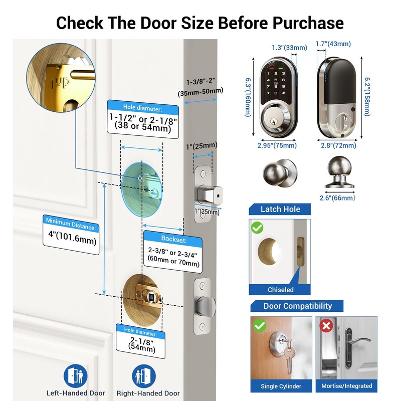 Veise RZ06C Smart Locks for Front Door, 2 Knob Handle