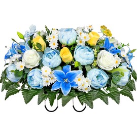 Naramiji Cemetery Flowers Saddle and Headstone Flower Saddle - Blue Rose Hibiscus Daisy Lily for Headstone Decorations, Sympathy & Memorial Tributes
